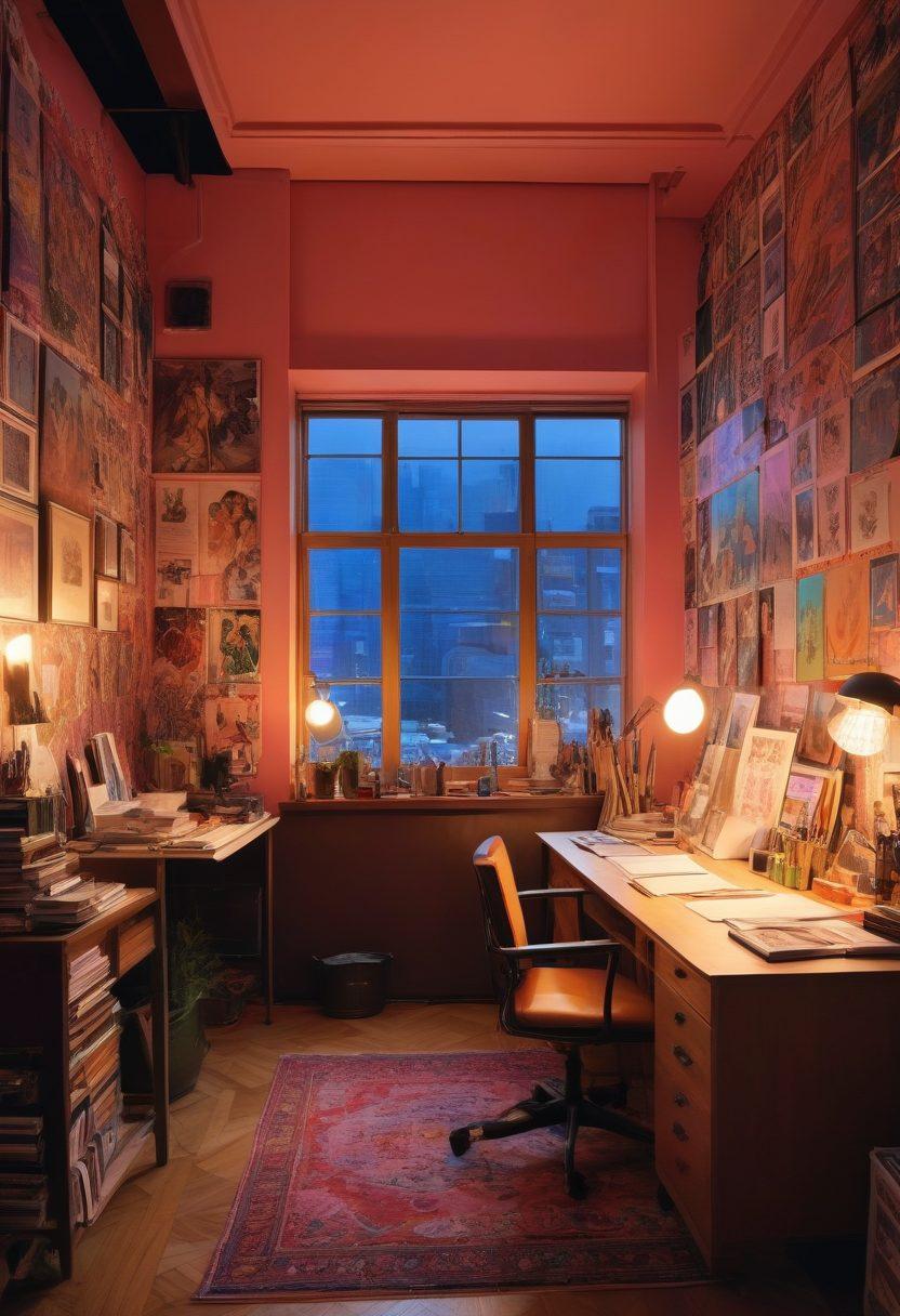 A colorful, dynamic scene capturing an artist's studio filled with erotic manga drawings and adult animations. The walls are adorned with vibrant, provocative artwork in various styles, while the artist, a creative individual, is passionately sketching at a large desk. Soft lighting enhances the intimate atmosphere, with books and art supplies scattered about. Include hints of diverse characters and narratives that represent the broad spectrum of adult animation. digital art. cinematic lighting. vibrant colors.